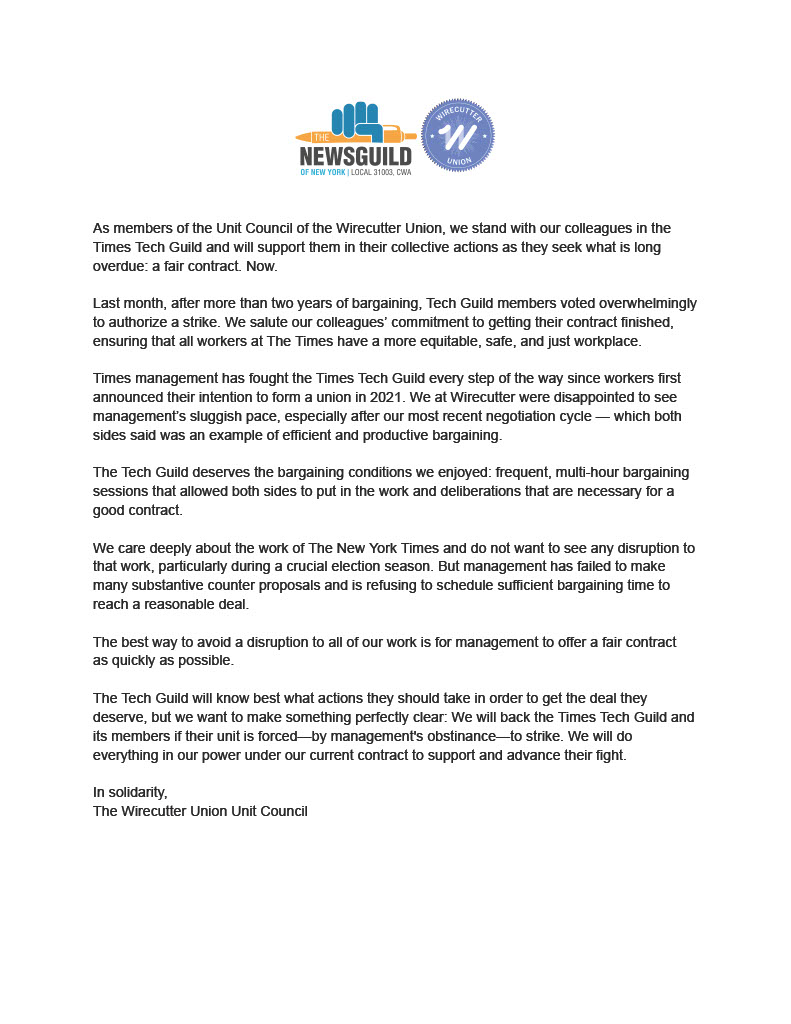 MORE SUPPORT FOR TECH: The leadership of the <a href="/wirecutterunion/">Wirecutter Union</a> has passed a resolution of support for <a href="/NYTGuildTech/">New York Times Tech Guild</a>. "The best way to avoid a disruption to all of our work is for management to offer a fair contract as quickly as possible." More here....nyguild.org/post/leadershi…