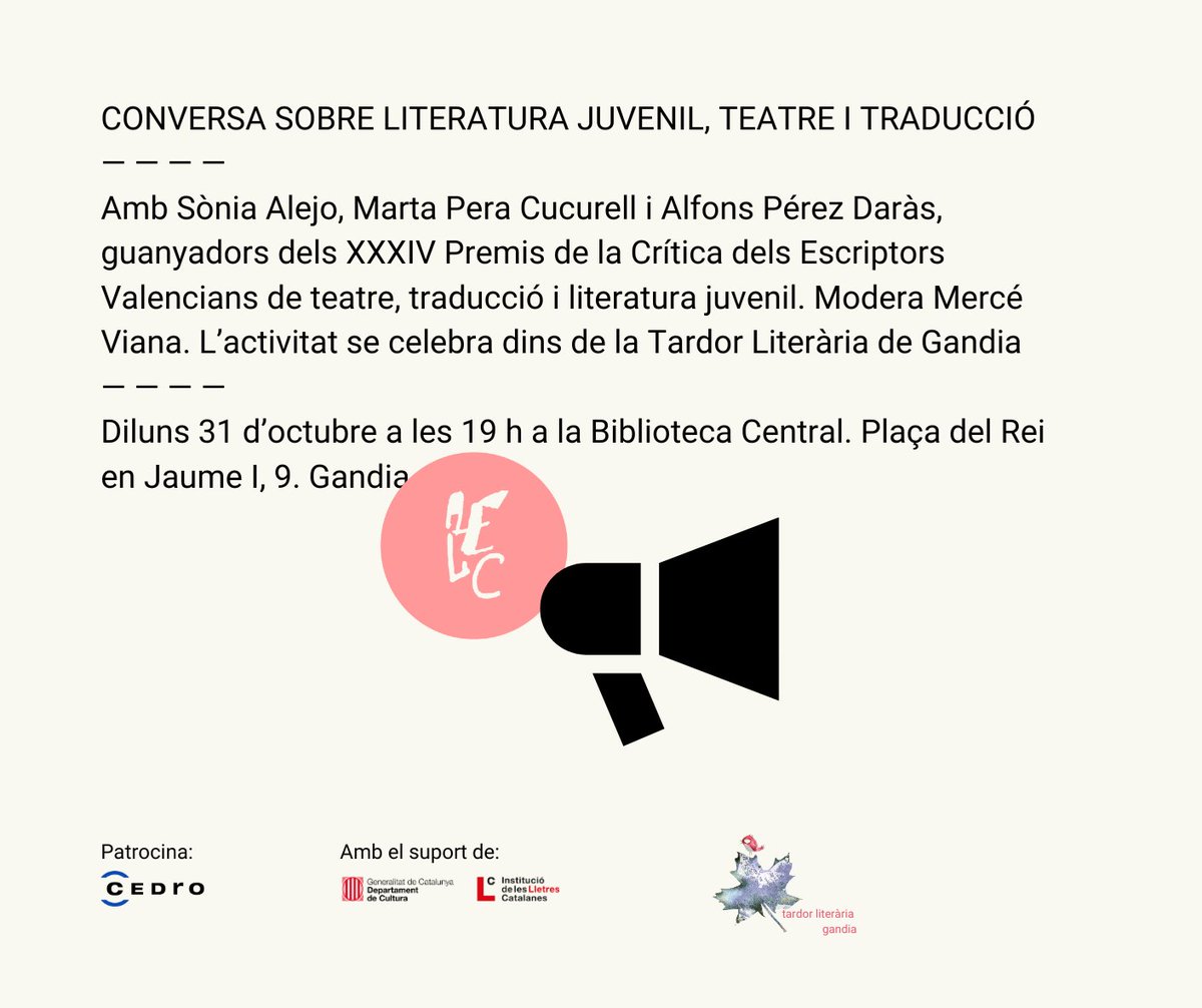 📚 Conversa sobre literatura juvenil, traducció i teatre a Gandia.

Amb <a href="/SoniaAlejo1/">Sònia Alejo</a>, <a href="/MartaPera/">Marta Pera Cucurell</a> i <a href="/alfonselblue/">Malparlat</a>, guanyadors dels Premis de la Crítica dels Escriptors Valencians.

Serà dijous 31 d'octubre a les 19 h: escriptors.cat/agenda/convers…