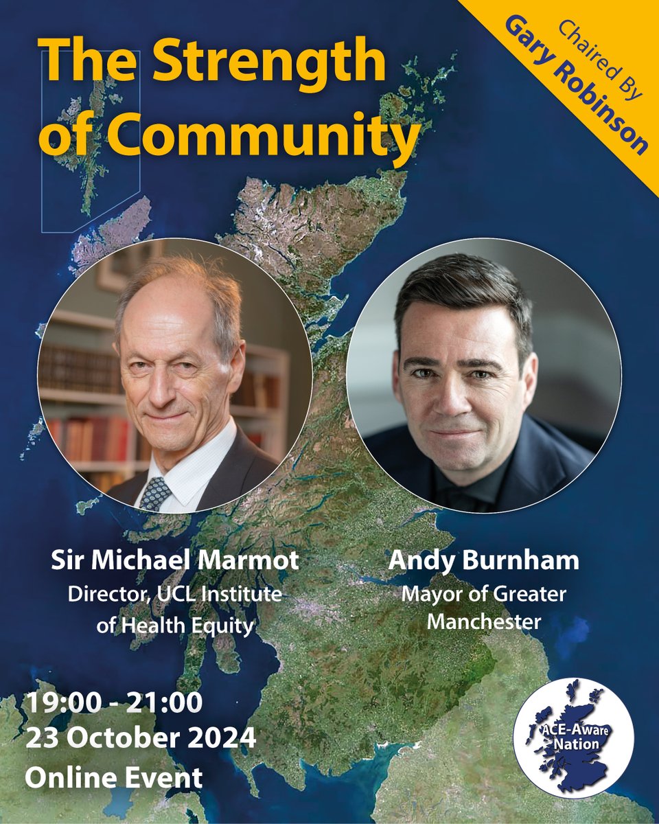 ACE-Aware Nation (@aceawarenation) on Twitter photo The Strength of Community on 23 October 2024 will be chaired by the inspiring <a href="/garywrobinson/">Gary Robinson</a> 🎤
Hear from <a href="/MichaelMarmot/">Sir Michael Marmot</a>, whose work inspired 'Marmot Places,' and Mayor <a href="/AndyBurnhamGM/">Andy Burnham</a> on Manchester's journey as a Marmot City.
🔗 aceawarescotland.com/2024-the-stren… The Strength of Community on 23 October 2024 will be chaired by the inspiring <a href="/garywrobinson/">Gary Robinson</a> 🎤
Hear from <a href="/MichaelMarmot/">Sir Michael Marmot</a>, whose work inspired 'Marmot Places,' and Mayor <a href="/AndyBurnhamGM/">Andy Burnham</a> on Manchester's journey as a Marmot City.
🔗 aceawarescotland.com/2024-the-stren…