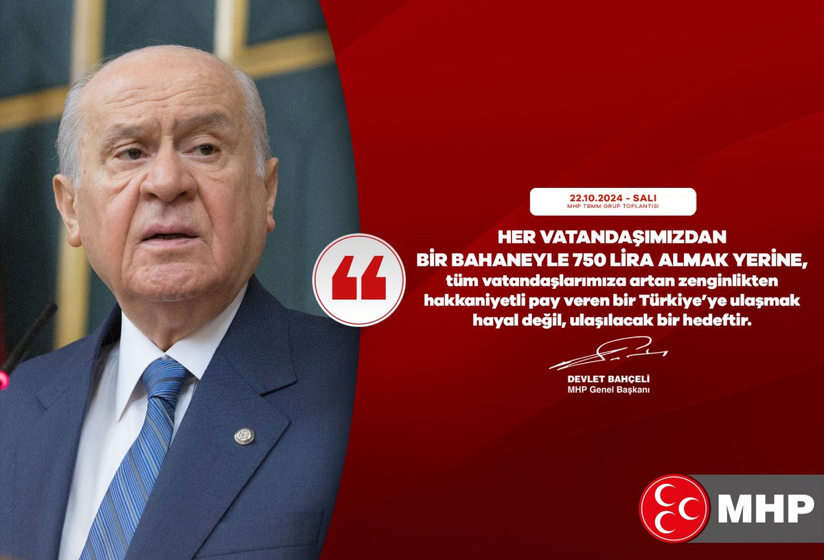 Ulku_Ocaklari's tweet photo. Her vatandaşımızdan bir bahaneyle 750 lira almak yerine, tüm vatandaşlarımıza artan zenginlikten hakkaniyetli pay veren bir Türkiye’ye ulaşmak hayal değil, ulaşılacak bir hedeftir.

MHP Genel Başkanı
Devlet BAHÇELİ https://t.co/hp8K7lxyEQ