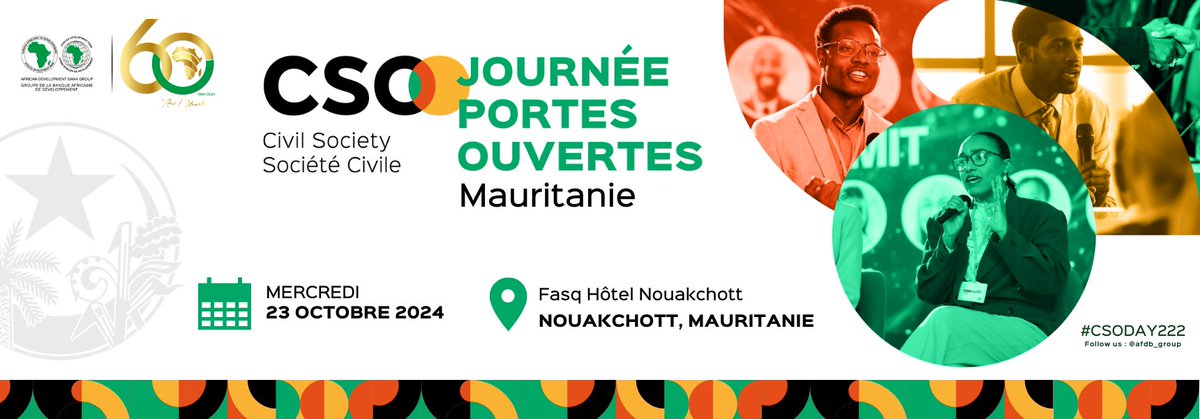 Vous êtes une OSC en #Mauritanie ? 
Ne manquez pas notre Journée Portes Ouvertes en Mauritanie ce 23 octobre !
Découvrez comment collaborer avec la <a href="/afdb_group/">African Development Bank Group</a>, établir des partenariats stratégiques et présenter vos projets.

ℹ️ Plus d'infos : bit.ly/4f9VsRG #CSODay222
