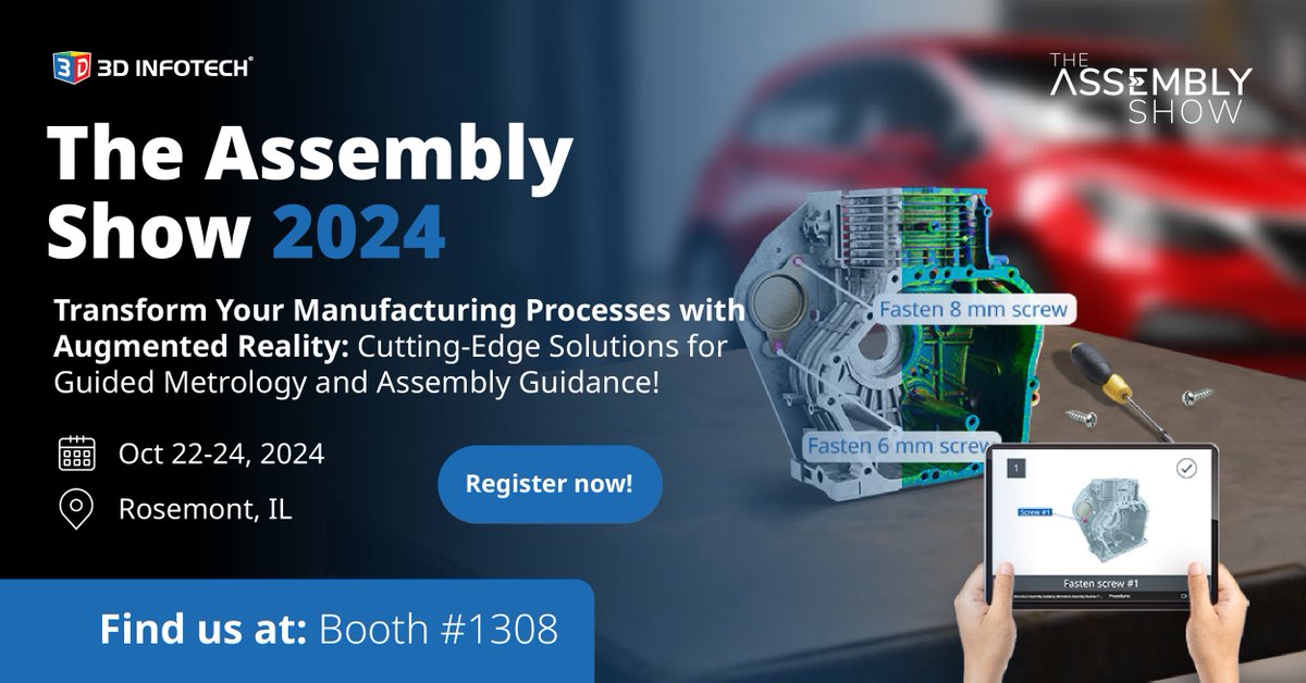 3d_infotech's tweet photo. Catch us at The Assembly Show today at 4:00 PM, find us at booth #1308!
🌟 Don’t miss out on the chance to explore our cutting-edge Augmented Reality solutions designed to revolutionize Guided Assembly and inspection for quality control processes!🔧📏 https://t.co/RskFpFC5ym