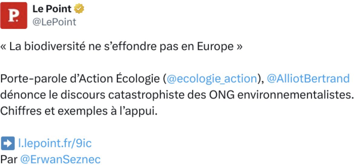 Des milliers de chercheurs, de prestigieuses institutions publiques et privées, constatent unanimes une forte perte de biodiversité en Europe. 

Mais un grand hebdomadaire donne la parole à un homme qui nie le consensus scientifique, comme si cela était une question de point de