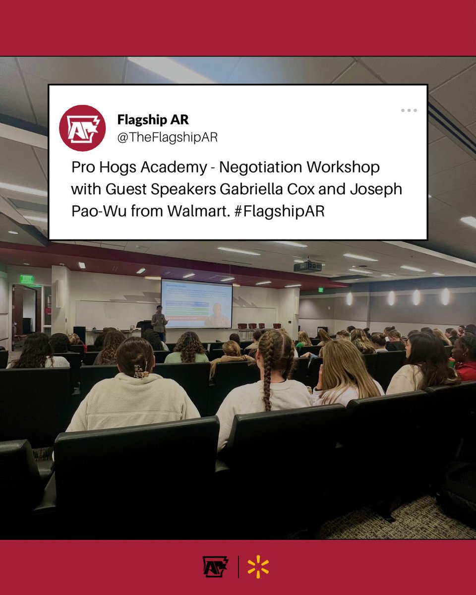 Flagship AR (@theflagshipar) on Twitter photo .<a href="/ArkRazorbacks/">Arkansas Razorbacks 🐗</a> student-athletes participated in a Negotiation Workshop as part of Pro Hogs Academy, gaining valuable skills to advocate for themselves in every arena.
Thanks to @walmart for facilitating!#DevelopAsOneRazorback .<a href="/ArkRazorbacks/">Arkansas Razorbacks 🐗</a> student-athletes participated in a Negotiation Workshop as part of Pro Hogs Academy, gaining valuable skills to advocate for themselves in every arena.
Thanks to @walmart for facilitating!#DevelopAsOneRazorback
