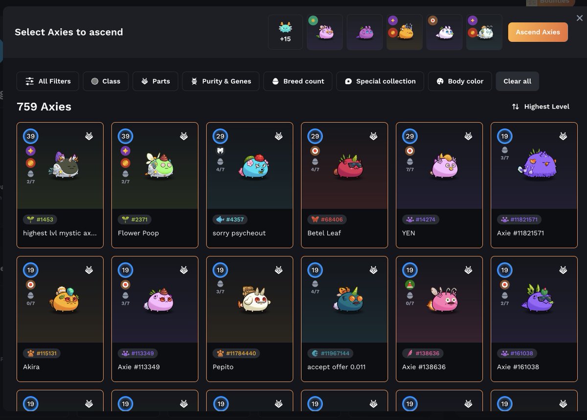 Jihoz_Axie's tweet photo. HUGE Axie Core feature just arrived.

You can now ascend up to 20 axies simultaneously.

Mass ascension is 🤌 https://t.co/I8qZBRmaWT