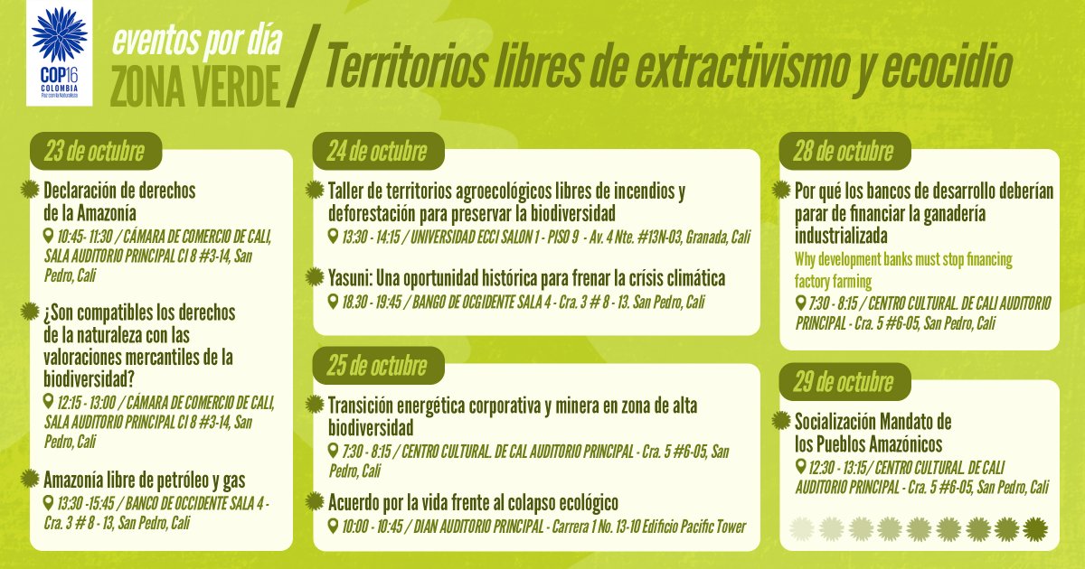 🌱Se parte de los eventos por Territorios libres de extractivismo y ecocidio en la COP 16 que se realiza en Cali.
¡Estaremos en la Zona Verde! 🌎💚
No olvides registrarte en proco16.com