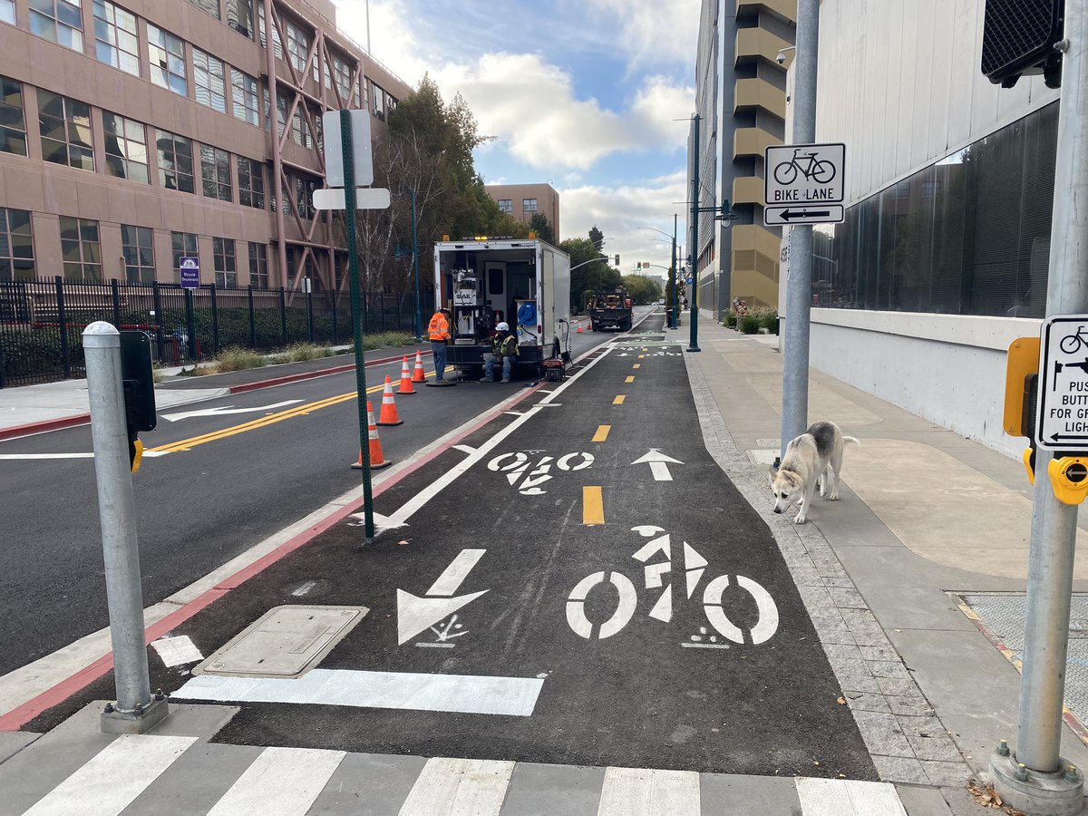 JohnBauters's tweet photo. Excited to see our latest Level 5 traffic diverter on the Horton St Bike Blvd at 53rd St. Proud to have negotiated this closure, added curb-height bike lanes, and new pedestrian connectivity across the UPRR as part of the Emery Yards project. Safe streets save lives! https://t.co/Dza2Oxbn7N