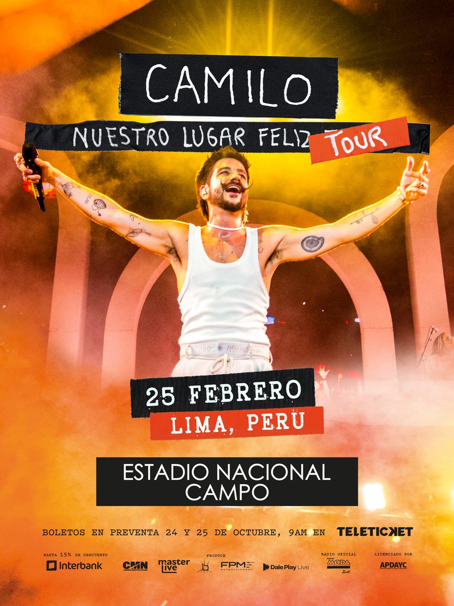 Camilo, llega al Perú con la gira que toda La Tribu estaba esperando 'Nuestro Lugar Feliz' ⛺️✨ el próximo 25 de febrero en el Estadio Nacional (Campo) 🏟️

🔔 Preventa Interbank: 24 - 25 de oct. o hasta agotar stock 
🎫 Entradas por nuestra web 👉teleticket.com.pe