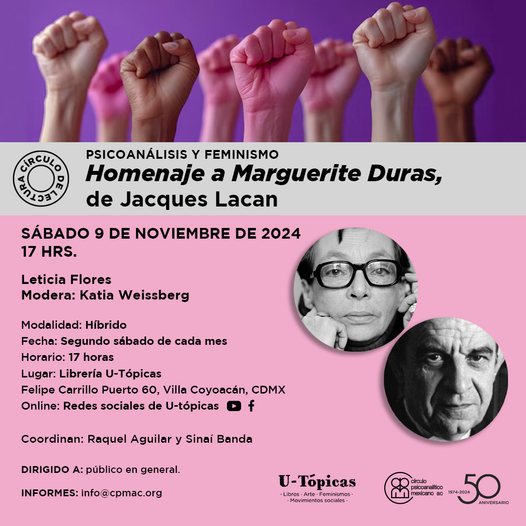 Te invitamos a la próxima sesión de nuestro círculo de lectura, donde analizaremos "Homenaje a Marguerite Duras" de Jacques Lacan. 
📅 9 de noviembre
🕖17:00 hrs
📍 Librería U-Tópicas
💻 Modalidad: Híbrida (presencial y redes sociales de U-Tópicas)