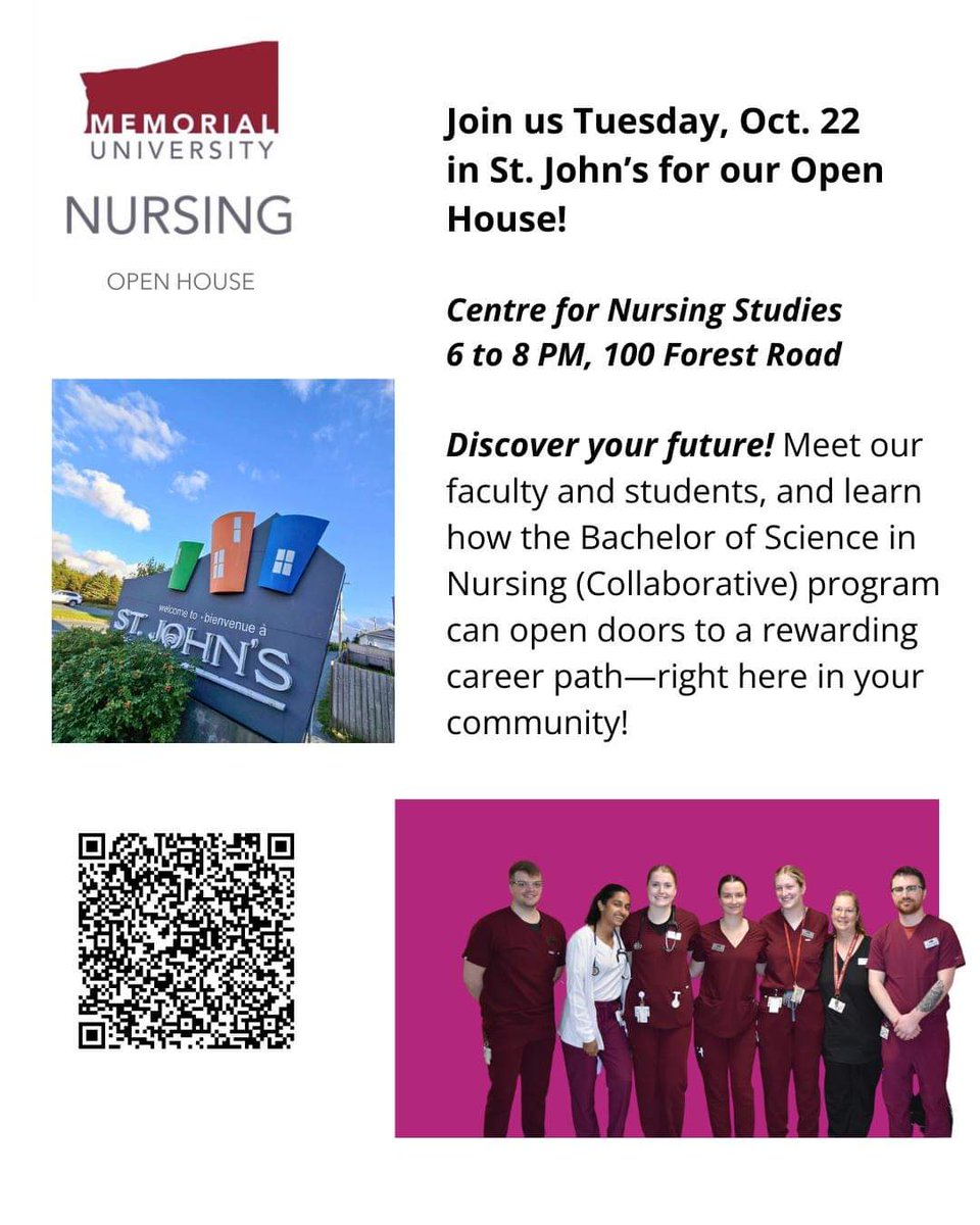Join us TONIGHT at our Open House in St. John's! 🩺 ❤️

Drop by the Centre for Nursing Studies from 6 to 8 PM, 100 Forest Road.

Whether you're considering a career in nursing or just curious about the program, we’d love to see you there!

Register here: eventbrite.com/o/mun-faculty-…