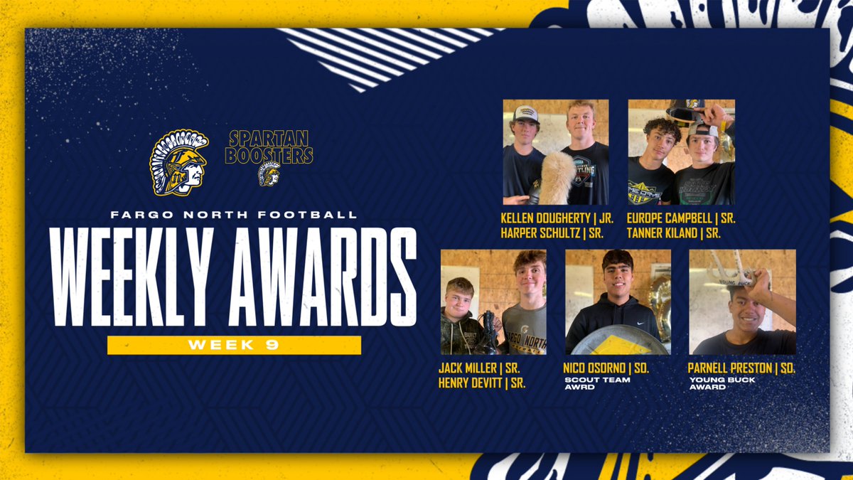 WEEKLY AWARD WINNERS: Week 9

The Helmet: Kellen Dougherty &amp; Harper Schultz
The Hard Hat: Europe Campbell &amp; Tanner Kiland
The Boot: Jack Miller &amp; Henry Devitt
The Shield: Nico Osorno
The Young Buck: Parnell Preston

#SetYourStandard