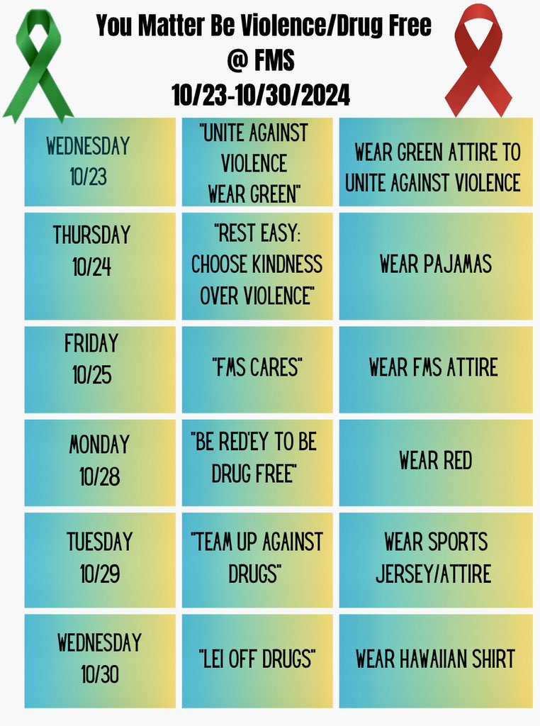 Starting tomorrow, Wednesday, 10/23, we will be kicking off our School Violence Prevention and Drug Awareness Week at FMS!

<a href="/PrincipalFMS_NJ/">Michael Lauricella</a> 
<a href="/MontvaleSchools/">Montvale Schools</a>
