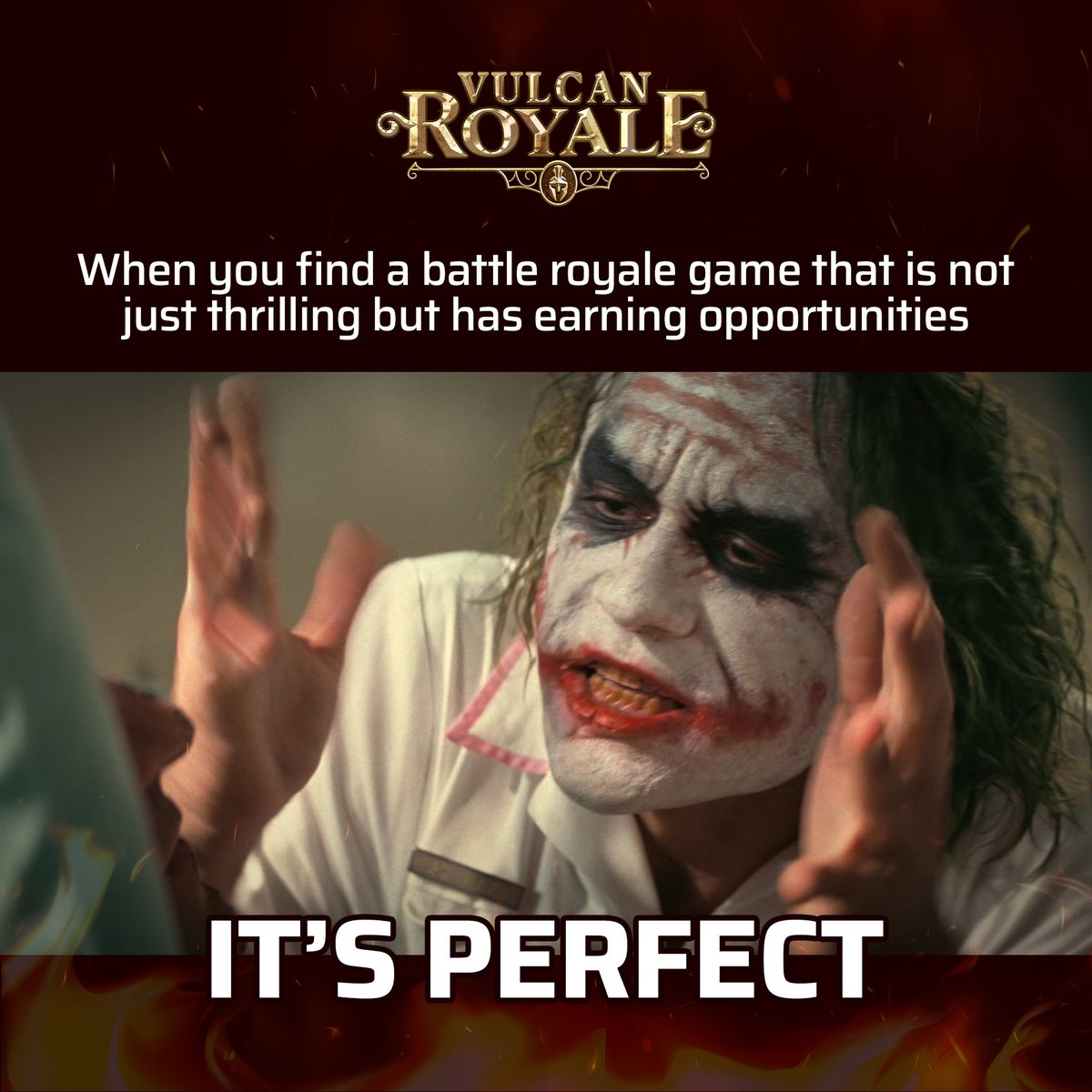WHY SO SERIOUS...❓

Play and earn and have loads of fun with Vulcan Royale. ⚔️

Download the game now | Available on PCs💻

#BattleRoyale #Gaming #Gamer #vulcanroyale #Memes #jokermovie #jokermemes #dcmemes
#PLAYTOEARN