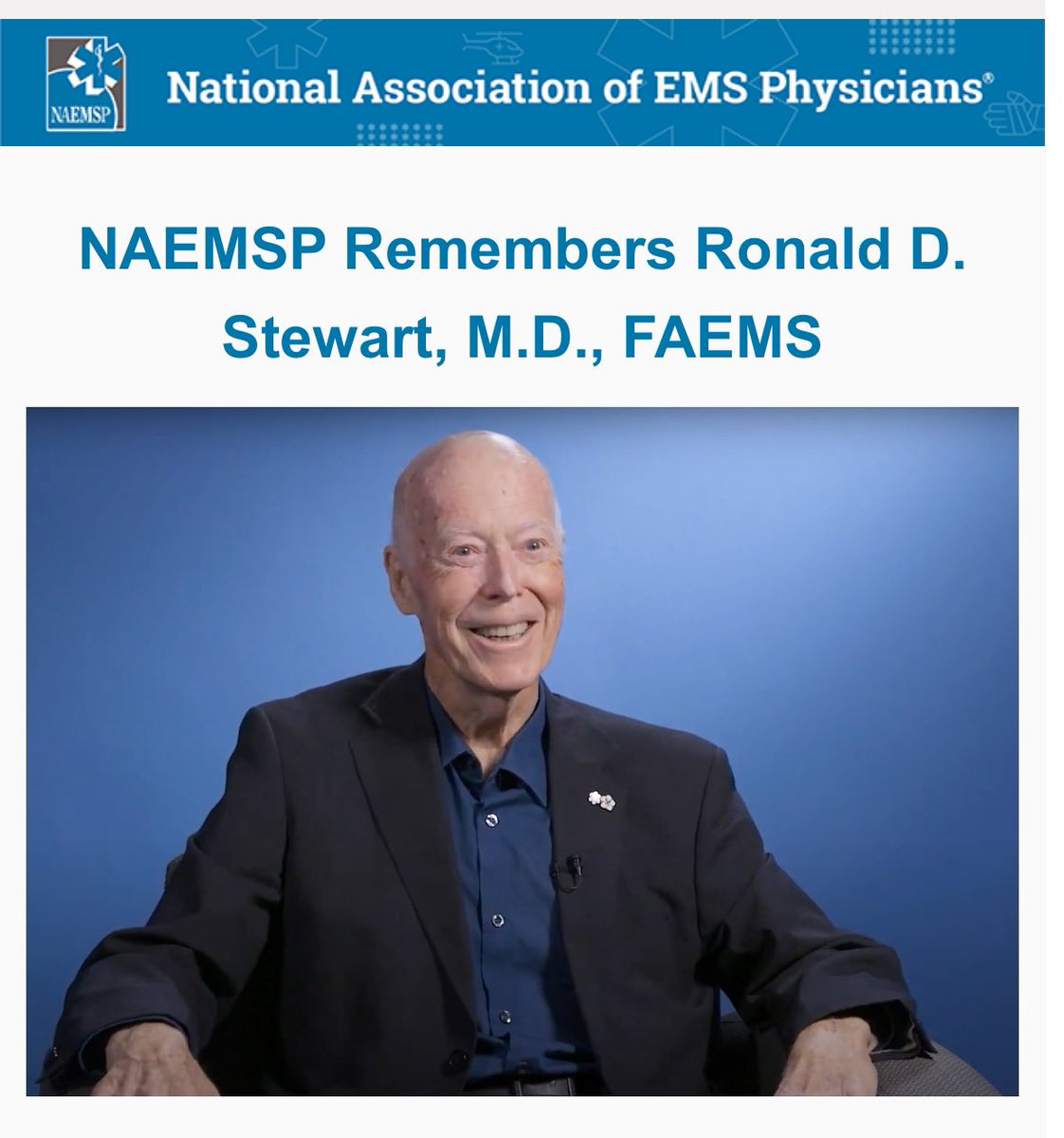 Remembering <a href="/NAEMSP/">NAEMSP</a> Founding President Dr. Ron Stewart who passed away last night. A storied career and an even more remarkable man. What a pleasure and honor to have known him. #EMSPhysician #prehospitalist