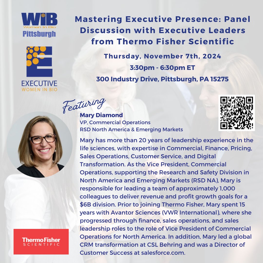 The next panelist for our upcoming Mastering Executive Presence event is Mary Diamond! Join us on November 7th to hear her perspective.

To learn more about Mary and the event, or to register, click here: community.womeninbio.org/event/pitt-ewi…