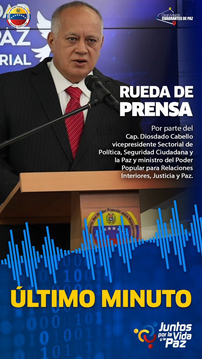 #22OCT || En breves minutos, Vpdte. Sectorial de Política Seguridad Ciudadana y Paz. Cap. @DCabellor estará ofreciendo rueda de prensa con importantes declaraciones.