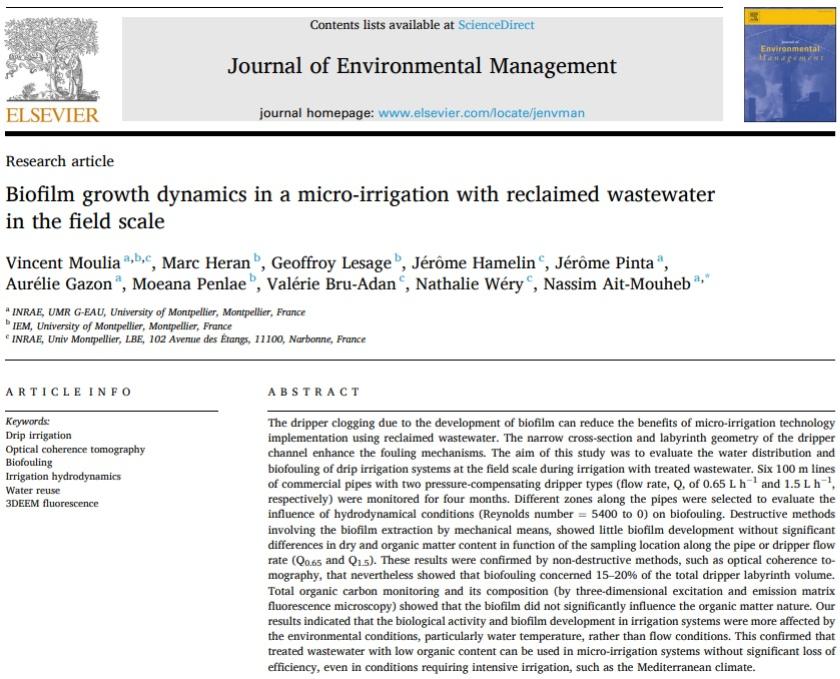 "Biofilm growth dynamics in a micro-irrigation with reclaimed wastewater in the field scale"
Here's our new article : sciencedirect.com/science/articl…
(LBE : Vincent Moulia, @JH_INRAE , Valérie Bru-Adan, Nathalie Wery)