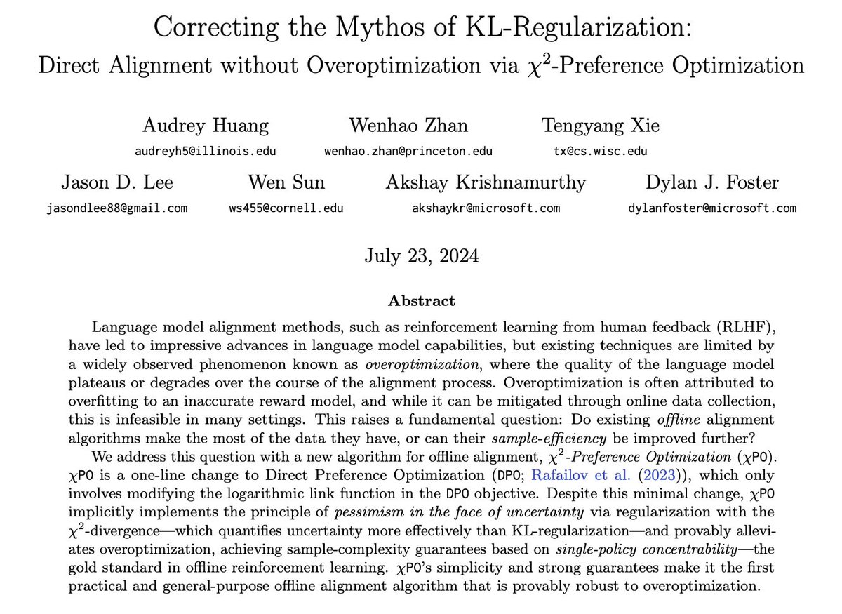 canondetortugas's tweet image. Is KL-regularization the right tool for language model alignment?
The χPO algorithm: We show that a one-line change to DPO—moving from KL to chi-squared regularization—is sufficient to achieve state-of-the-art theoretical guarantees, provably alleviating over-optimization.