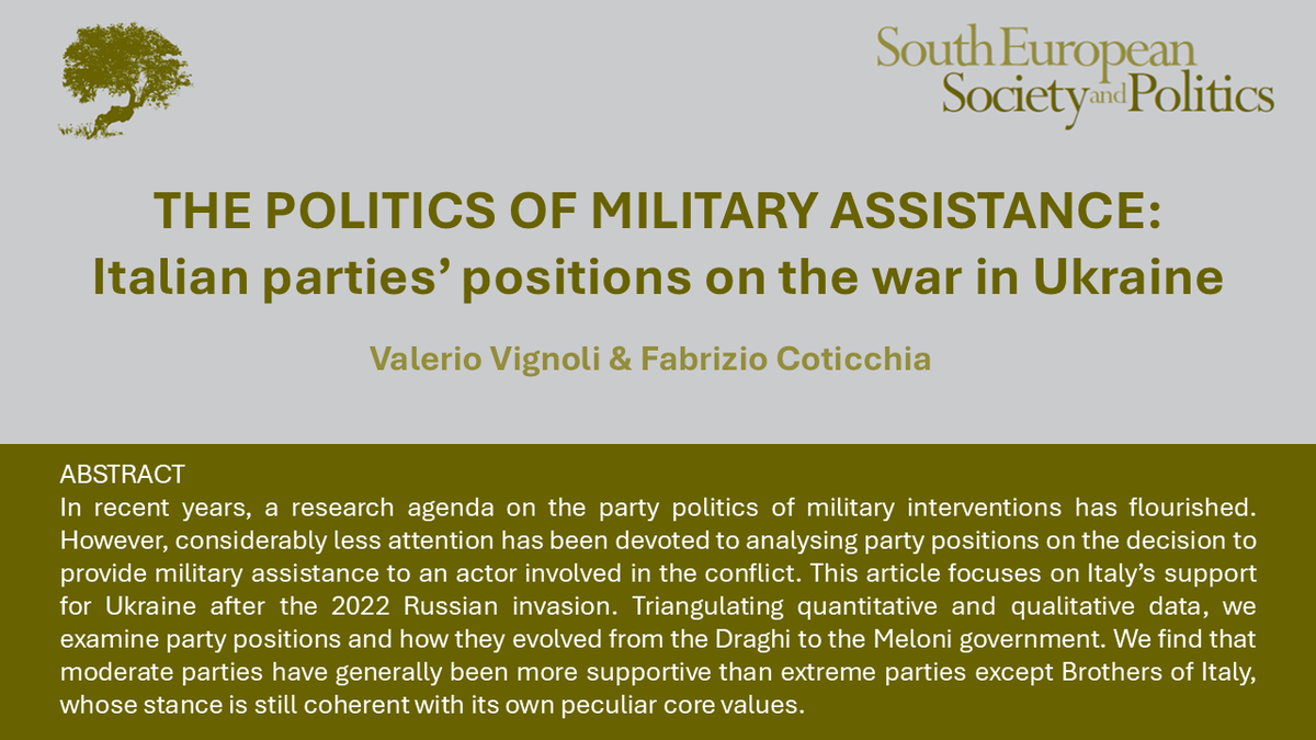 SESP (@sesp_j) on Twitter photo 📢NEW ARTICLE!📢🇮🇹
What are the drivers of parties’ attitudes towards military aid? Relying on interviews and quantitative analysis of votes and debates, <a href="/ValerioVignoli/">Valerio Vignoli</a> & <a href="/FCoticchia/">Fabrizio Coticchia</a> examine the case of Italian support for Ukraine
Read the article here👇
tandfonline.com/doi/full/10.10… 📢NEW ARTICLE!📢🇮🇹
What are the drivers of parties’ attitudes towards military aid? Relying on interviews and quantitative analysis of votes and debates, <a href="/ValerioVignoli/">Valerio Vignoli</a> & <a href="/FCoticchia/">Fabrizio Coticchia</a> examine the case of Italian support for Ukraine
Read the article here👇
tandfonline.com/doi/full/10.10…