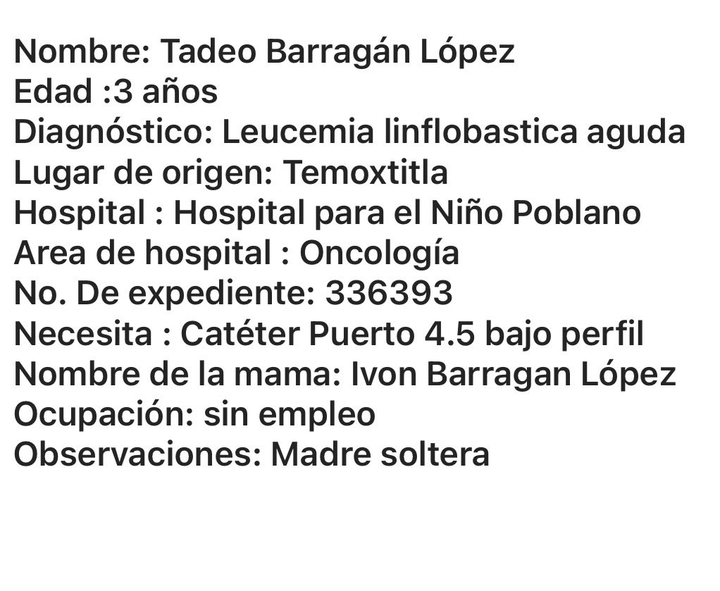 Él es Tadeo, padece cáncer. Le urge un catéter para seguir su tratamiento.

Su mamá (madre soltera) en condiciones de pobreza, no puede comprarlo.

¿Ayudamos a Tadeo a que venza al cáncer?

Con lo que sea, todo suma.

Ayuda a tarjeta BANAMEX
5204 1660 8365 3297

#AyudaParaTadeo