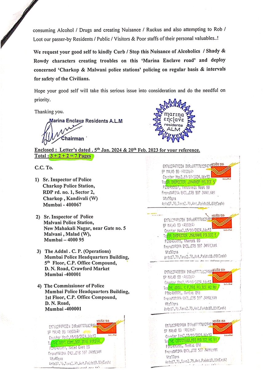 Installation of C.C.TV cameras &amp; also stop the nuisance of alcoholics &amp; theft on 'Marina Enclave Road' Jankalyan Nagar, Malad West <a href="/CPMumbaiPolice/">Commissioner of Police, Greater Mumbai</a> <a href="/CMOMaharashtra/">CMO Maharashtra</a> <a href="/MumbaiNcb/">NCB MUMBAI</a>