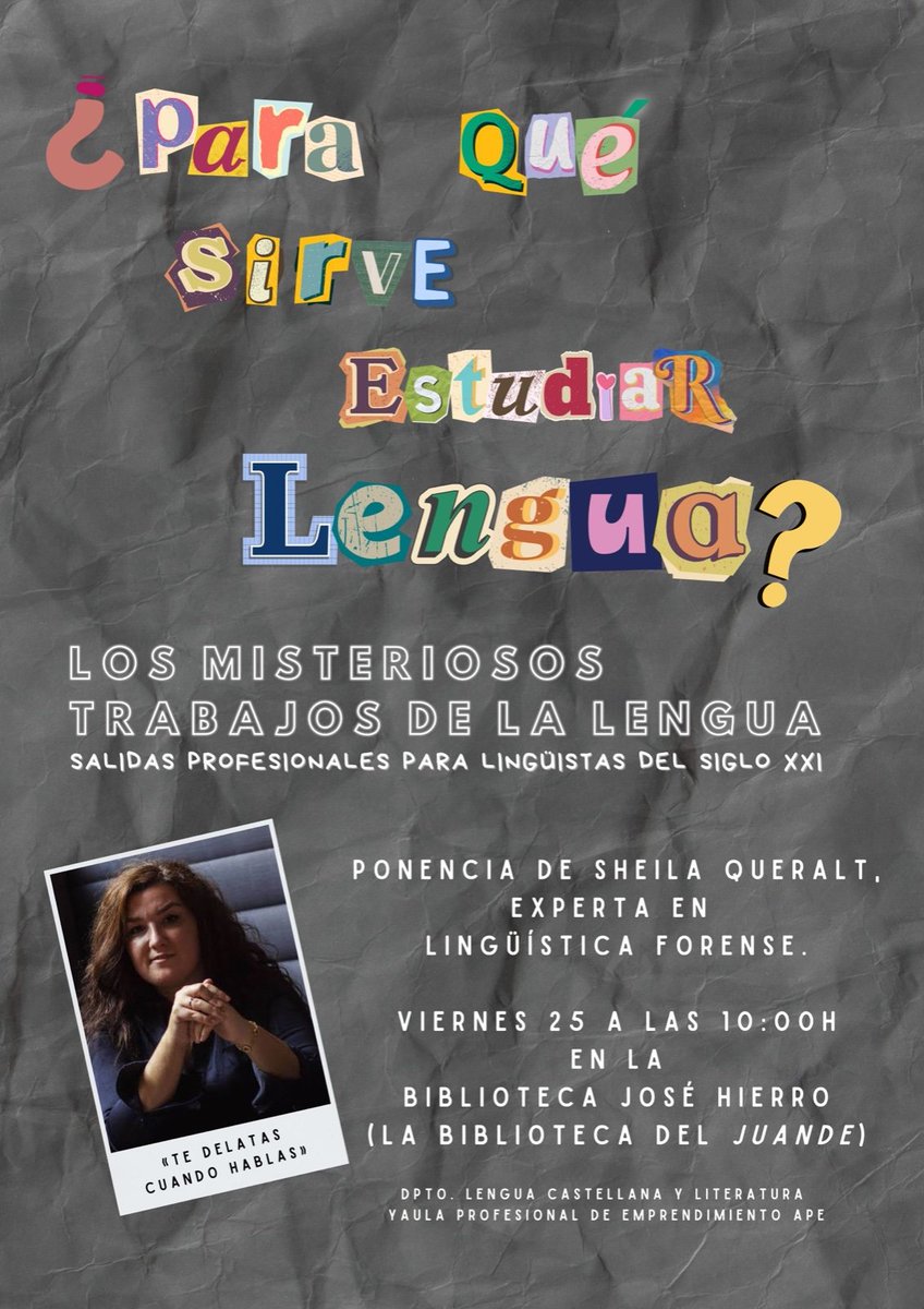 🔈🔈🔈
Este viernes nos visita Sheila Queralt, experta en lingüística forense, para explicarnos los misterioso trabajos que pueden llegar después de estudiar Lengua!!
@sheilaqueralt