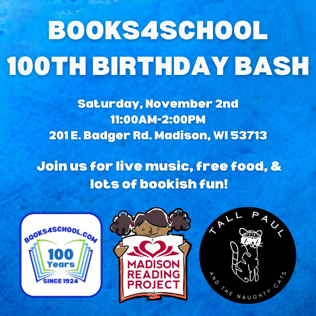 Join us next Saturday for our 100th Anniversary Celebration! 🥳📚

Donate books to <a href="/MSNReadingProj/">Madison Reading Proj</a>, browse their Big Red Reading Bus, listen to blues music from Tall Paul and the Naughty Cats while exploring our book room, and more! 

We can't wait to see you there!