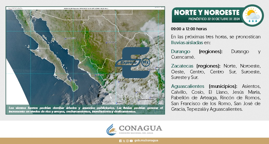 🌦️ Para regiones de #Aguascalientes, #Zacatecas y #Durango, se pronostican #Lluvias aisladas durante la mañana. Más información en la imagen. 📸