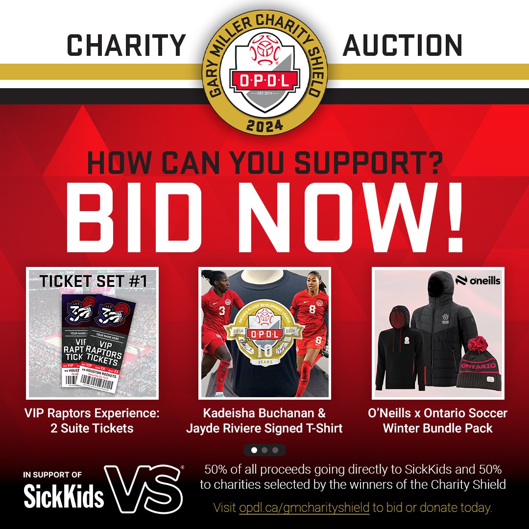 OntarioIsSoccer's tweet image. Score some epic prizes in the 2024 Gary Miller Charity Shield online auction: opdl.ca/gmcharityshield

✍️ Signed jerseys
🏀 VIP @Raptors experience
🎁 Partner prize packs

💸 50% of proceeds go to @SickKids. Every bid makes a difference! 💙🏥

#PlayInspireUnite #Auction #Charity