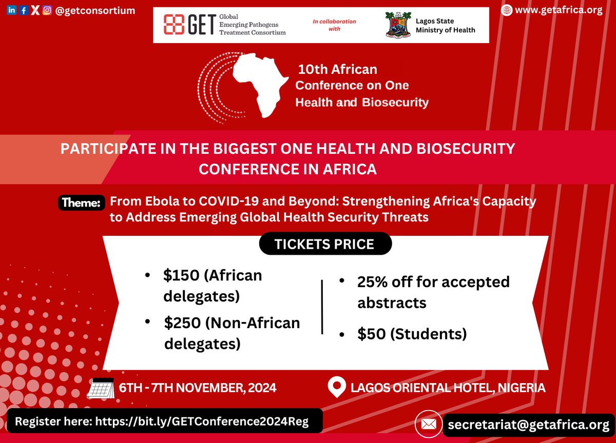 🔺REGISTER TO ATTEND ❗️❗️❗️

➡️ Participate in the biggest One Health and Biosecurity Conference in Africa. Join us from 6th - 7th November 2024.

🔗Registration link>>>bit.ly/GETConference2…

#getconference2024 #registtationnowopen #onehealth #biosecurity