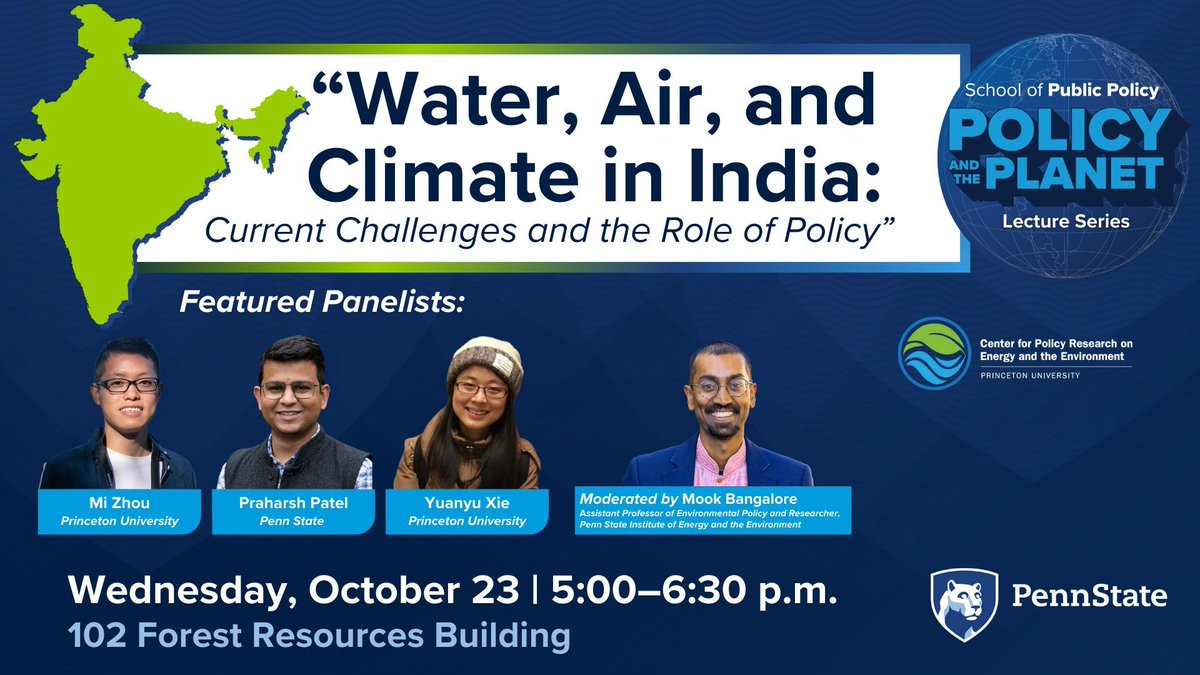 IEE at Penn State (@ieepennstate) on Twitter photo Happening tomorrow: Join the <a href="/PSUPublicPolicy/">Penn State School of Public Policy</a> for a panel discussion on Water, Air, and Climate in India. The panel will discuss current challenges and the role of policy in these environmental issues.
📅 Wed, Oct 23
⏰ 5pm
📍 102 Forest Resources Building Happening tomorrow: Join the <a href="/PSUPublicPolicy/">Penn State School of Public Policy</a> for a panel discussion on Water, Air, and Climate in India. The panel will discuss current challenges and the role of policy in these environmental issues.
📅 Wed, Oct 23
⏰ 5pm
📍 102 Forest Resources Building