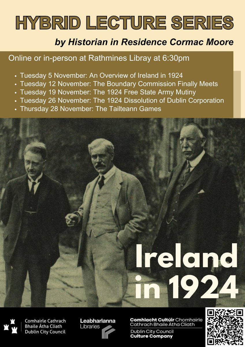 I will be conducting 5 free weekly lectures on 'Ireland in 1924' from Tuesday, 5 November @ 6:30pm, looking back on key events of 1924. The lectures will take place in Rathmines Library as well as being live streamed.  All the details are here, dublincity.ie/node/14822