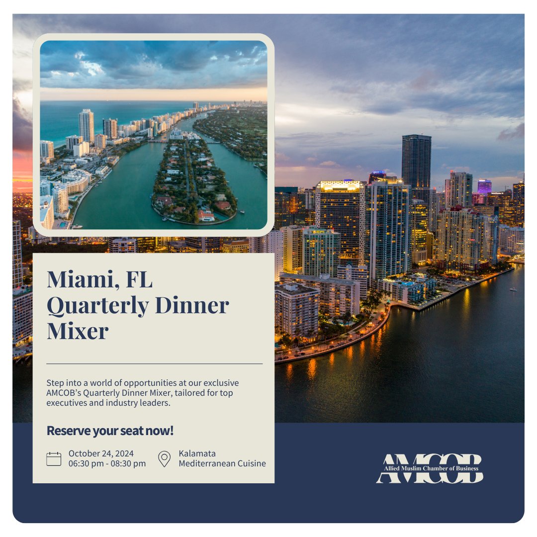 Amcob_Official's tweet photo. Join us in Miami for AMCOB's Quarterly Dinner Mixer! on October 24, 2024 | 6:30 pm - 8:30 pm. Connect with top business leaders and professionals at this exclusive networking event. https://t.co/T2jxPNkDi4

#MiamiDinnerMixer #AMCOB #Networking https://t.co/JsIuukO2fa