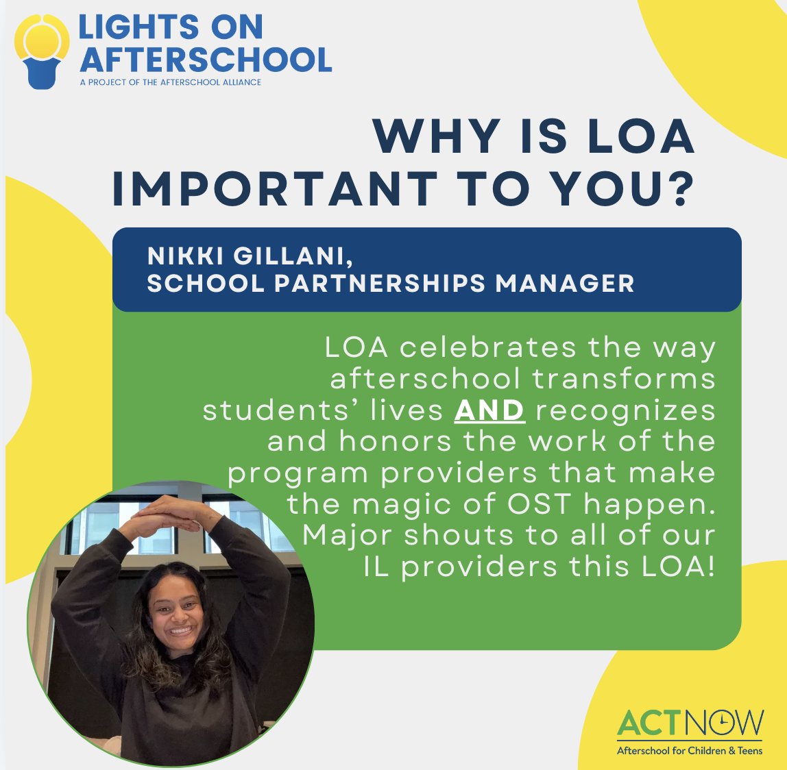 ACTNowCoalition's tweet image. Hear from our amazing staff on their thoughts about Lights on Afterschool and the impact of afterschool programs!💡#LOA2024 #LightsOnAfterschool #LightbulbChallenge