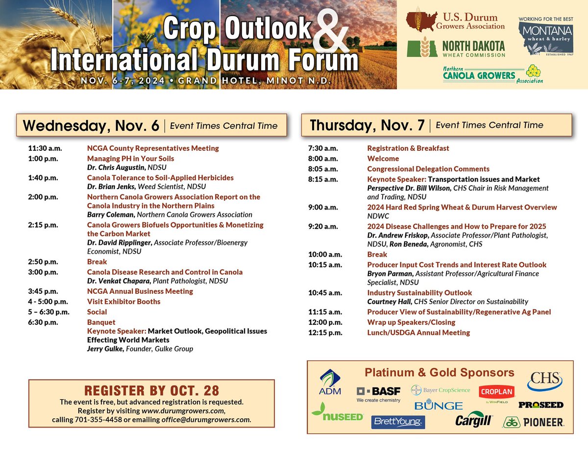 Want to find out what the future of biofuels holds for canola growers? Come to the annual meeting of the Northern Canola Growers Association in conjunction with the Durum Growers Association at the International Crop &amp; Durum Outlook in Minot on November 6-7.
