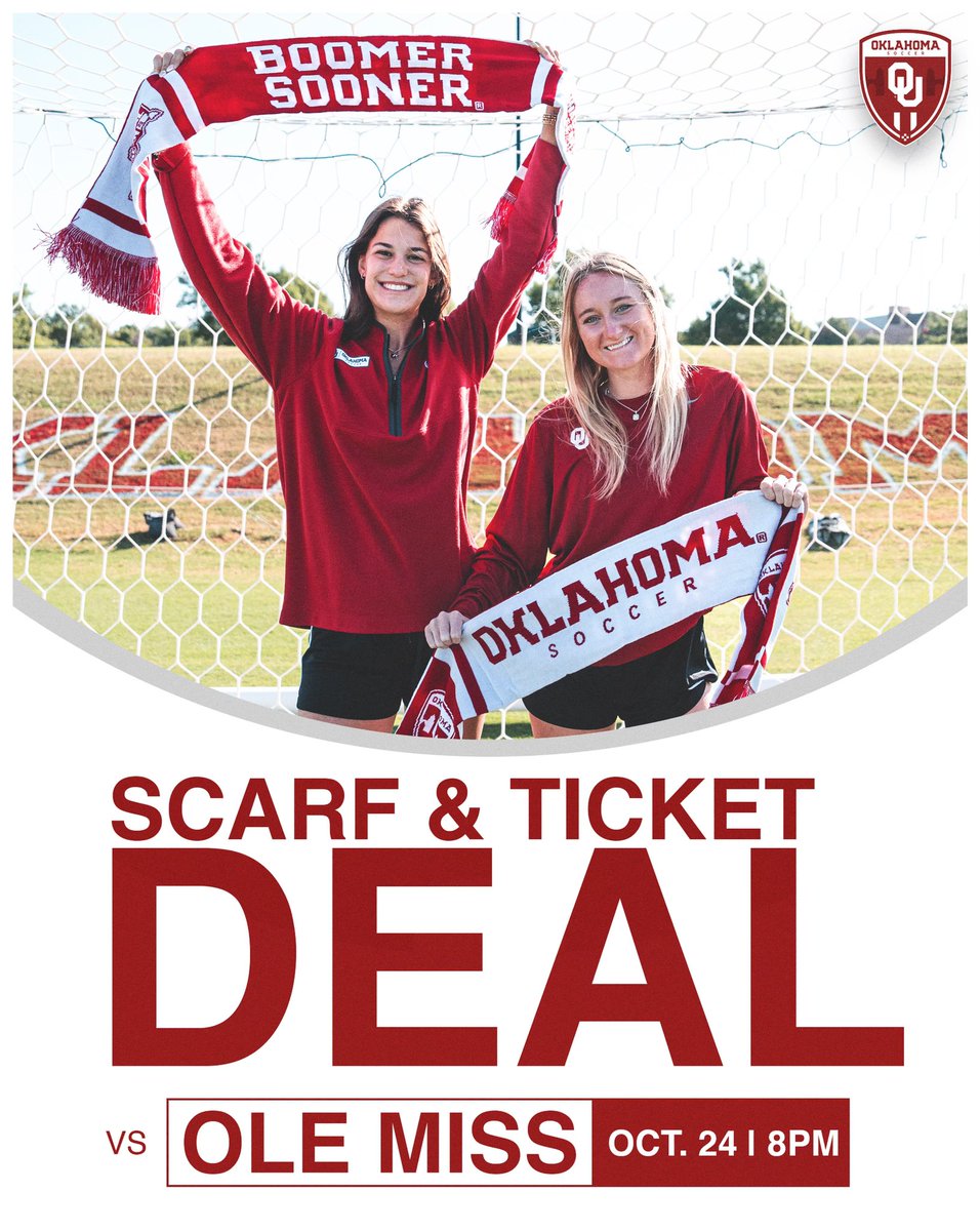 🧣 🤝 🎟️

Don’t miss out on a 2024 Sooner Soccer scarf this Thursday with our $20 scarf ticket deal!

» ouath.at/4eK8q8V