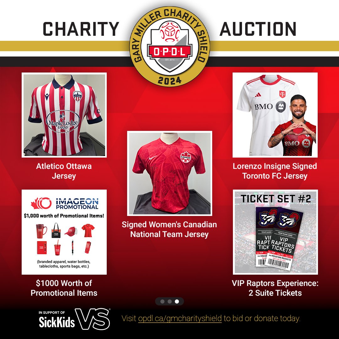 OntarioIsSoccer's tweet image. Score some epic prizes in the 2024 Gary Miller Charity Shield online auction: opdl.ca/gmcharityshield

✍️ Signed jerseys
🏀 VIP @Raptors experience
🎁 Partner prize packs

💸 50% of proceeds go to @SickKids. Every bid makes a difference! 💙🏥

#PlayInspireUnite #Auction #Charity