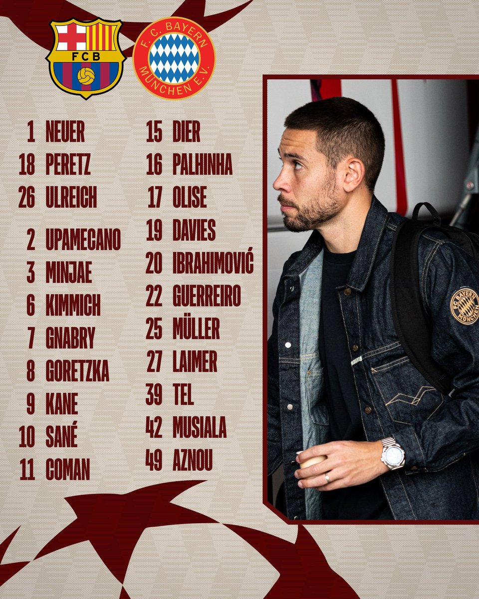 BarcaUniversal's tweet photo. Official: Bayern's squad list for the game vs. Barcelona. https://t.co/HuC4pJK3q7
