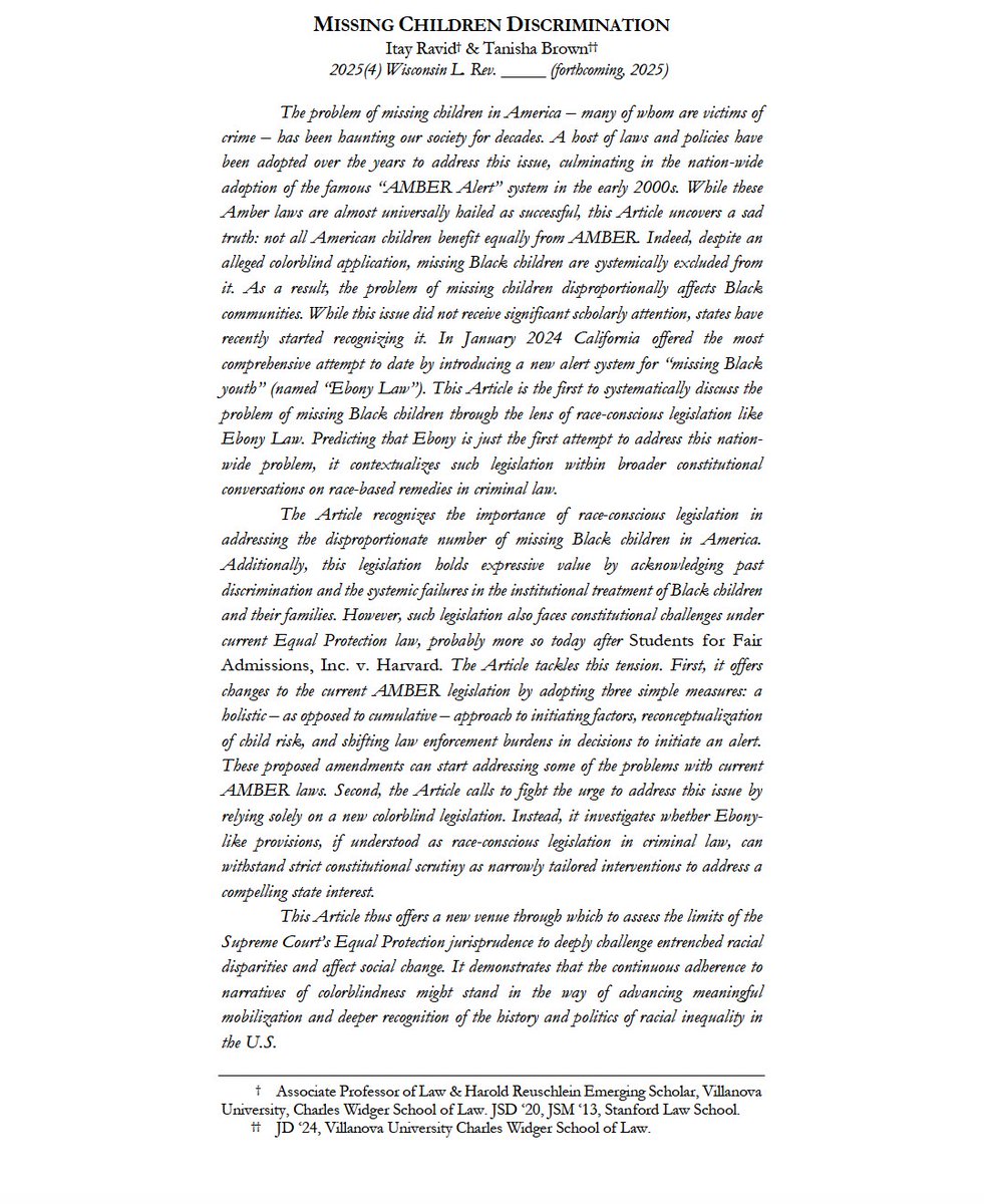 Itay Ravid (@itayravid) on Twitter photo "Happy to announce" day... <a href="/WisLRev/">Wisconsin Law Review</a> will publish my new article "Missing Children Discrimination", co-authored w/my brilliant former student Tanisha Brown!
The abstract 👇, and we'll post a draft to @ssrn soon.
Comments are welcome! #newlawrevarticles "Happy to announce" day... <a href="/WisLRev/">Wisconsin Law Review</a> will publish my new article "Missing Children Discrimination", co-authored w/my brilliant former student Tanisha Brown!
The abstract 👇, and we'll post a draft to @ssrn soon.
Comments are welcome! #newlawrevarticles
