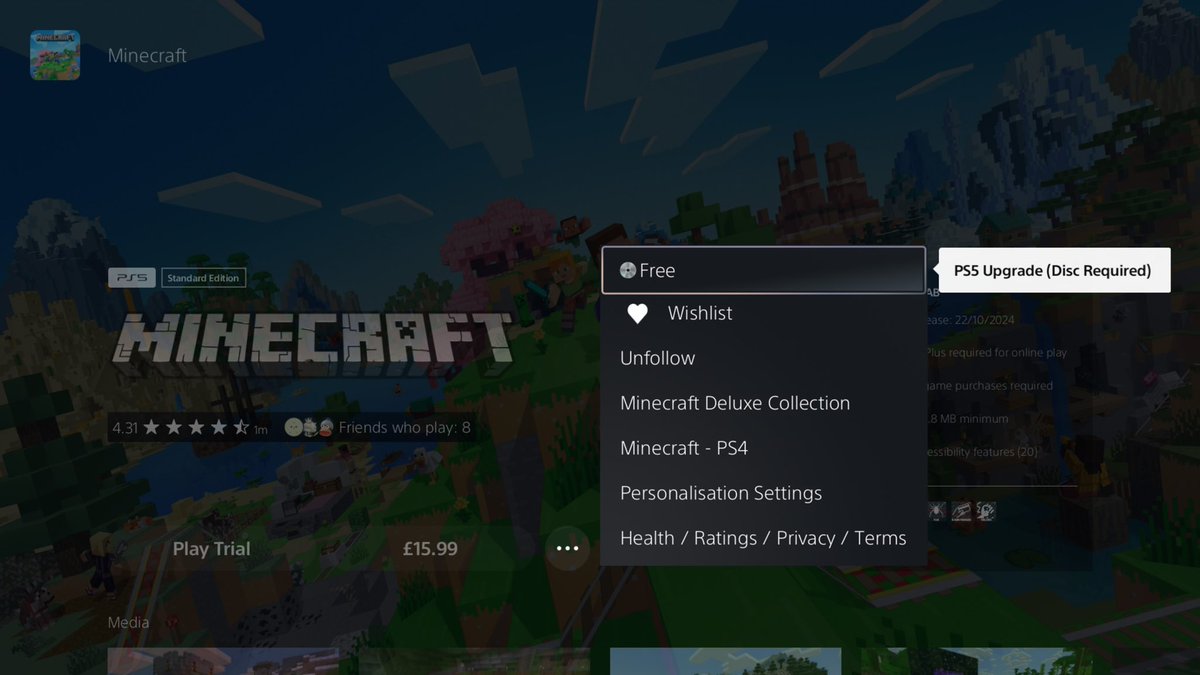S_Welly_Boot's tweet photo. For anyone struggling to find the free upgrade for Minecraft on PS5, click the three dots and there should be an upgrade option at the top.
#Minecraft #MinecraftPS5 #PS5Share https://t.co/sOrRW7ftj9