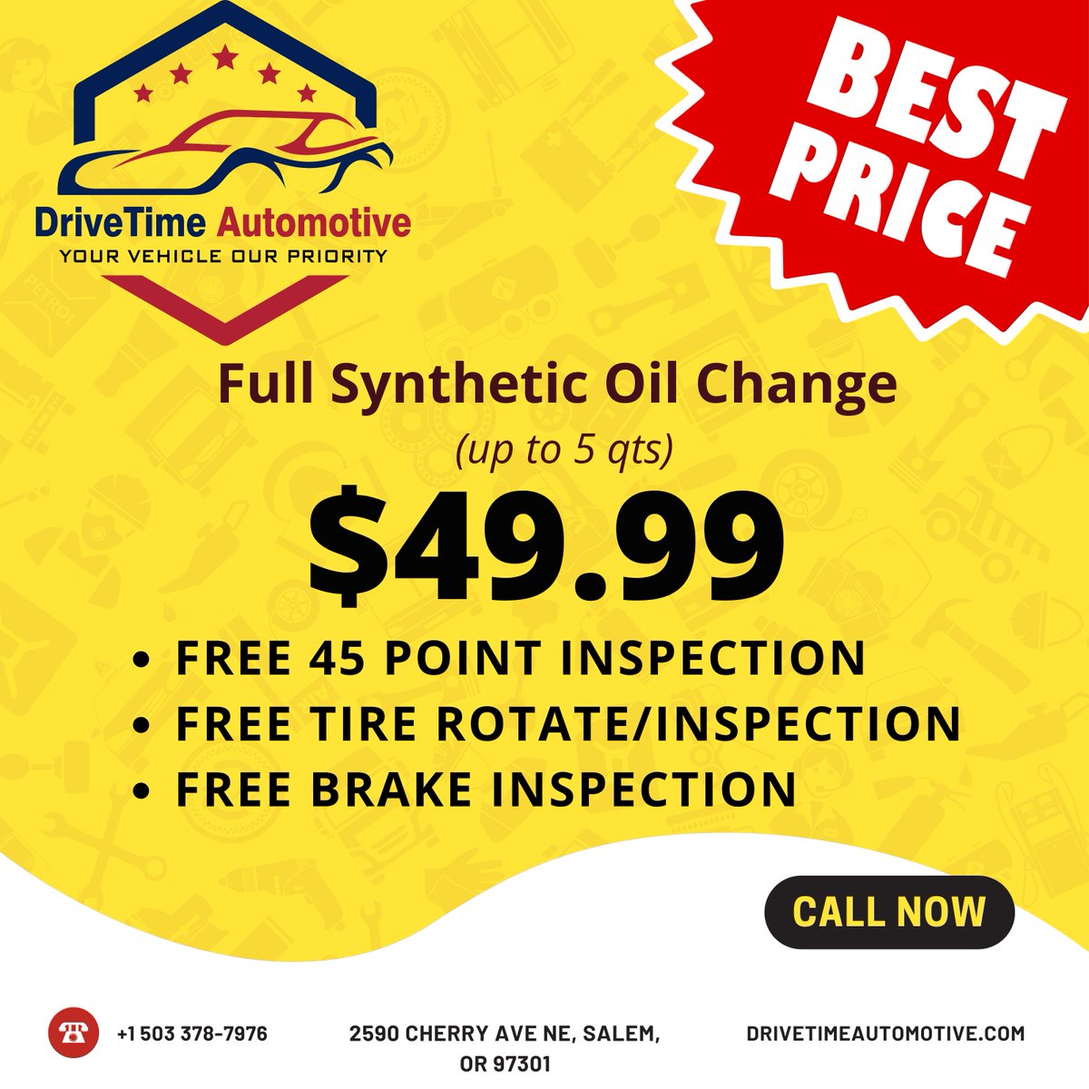 DriveTimeAutoOR's tweet image. $49.99 Full Synthetic Oil Change! 
Includes: ✅ FREE 45-Point Inspection ✅ FREE Tire Rotation &amp;amp; Inspection ✅ FREE Brake Inspection
Keep your car running smoothly at an unbeatable price! 

📍 Salem, OR 📞 503-378-7976 💻 drivetimeautomotive.com

#CarCare #OilChange #SalemOR