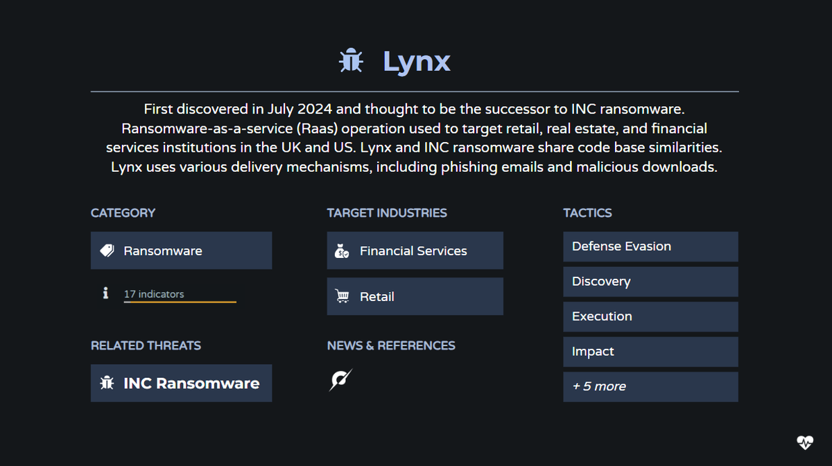 Pulsedive Threat Intelligence (@pulsedive) on Twitter photo New Threat Page: Lynx Ransomware
- Rebrand of INC Ransomware
- Discovered by <a href="/PaloAltoNtwks/">Palo Alto Networks</a> Unit 42 in July 2024
- Ransomware-as-a-Service (RaaS) operation
- Delivery via phishing emails, malicious downloads
More information about Lynx at: pulsedive.com/threat/Lynx%20… New Threat Page: Lynx Ransomware
- Rebrand of INC Ransomware
- Discovered by <a href="/PaloAltoNtwks/">Palo Alto Networks</a> Unit 42 in July 2024
- Ransomware-as-a-Service (RaaS) operation
- Delivery via phishing emails, malicious downloads
More information about Lynx at: pulsedive.com/threat/Lynx%20…