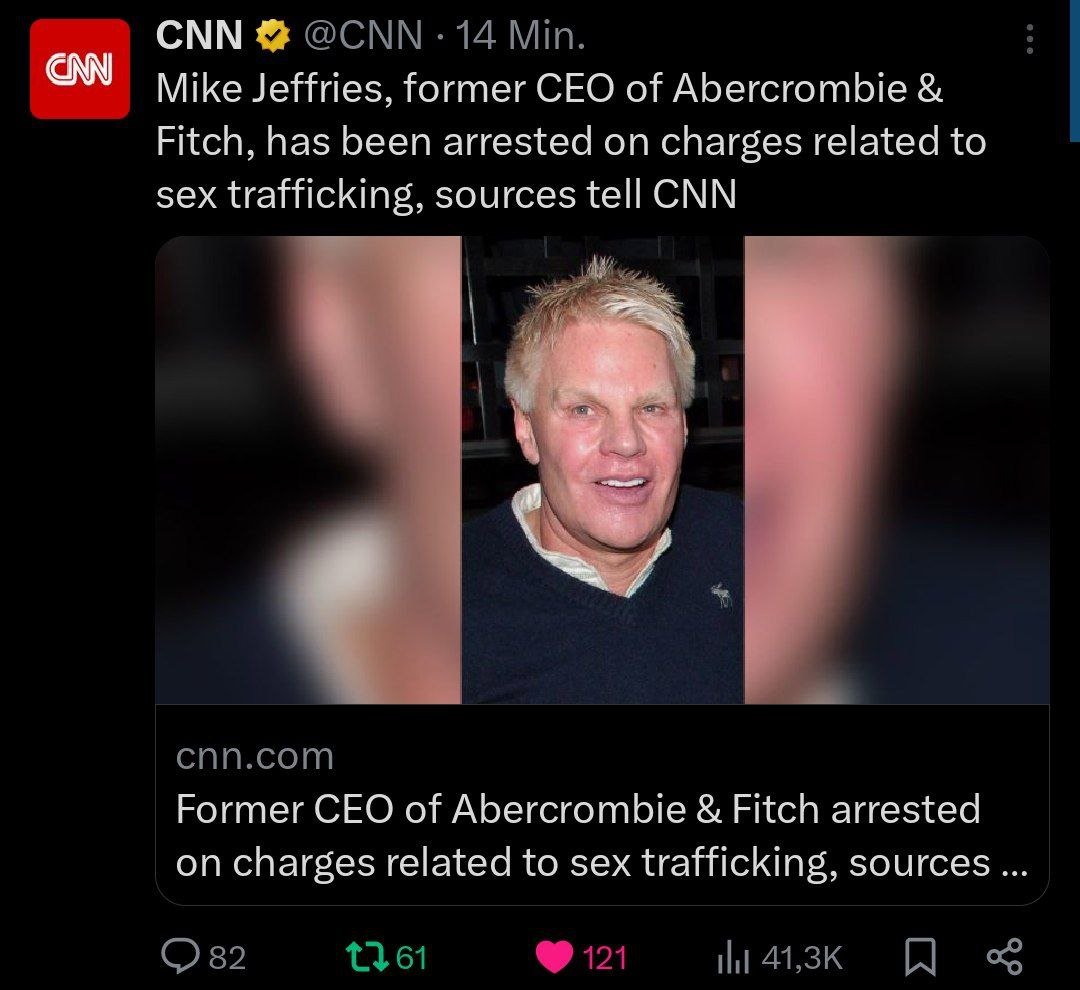 cyan_rk's tweet image. 💥Es geht Schlag auf Schlag!
#NewYork 
"Mike #Jeffries, der ehemalige CEO von #Abercrombie &amp;amp; #Fitch, wurde wegen des Vorwurfs des Sexhandels festgenommen, berichteten zwei mit dem Fall vertraute Quellen gegenüber #CNN."
#Diddy #Epstein #sextrafficking #USA