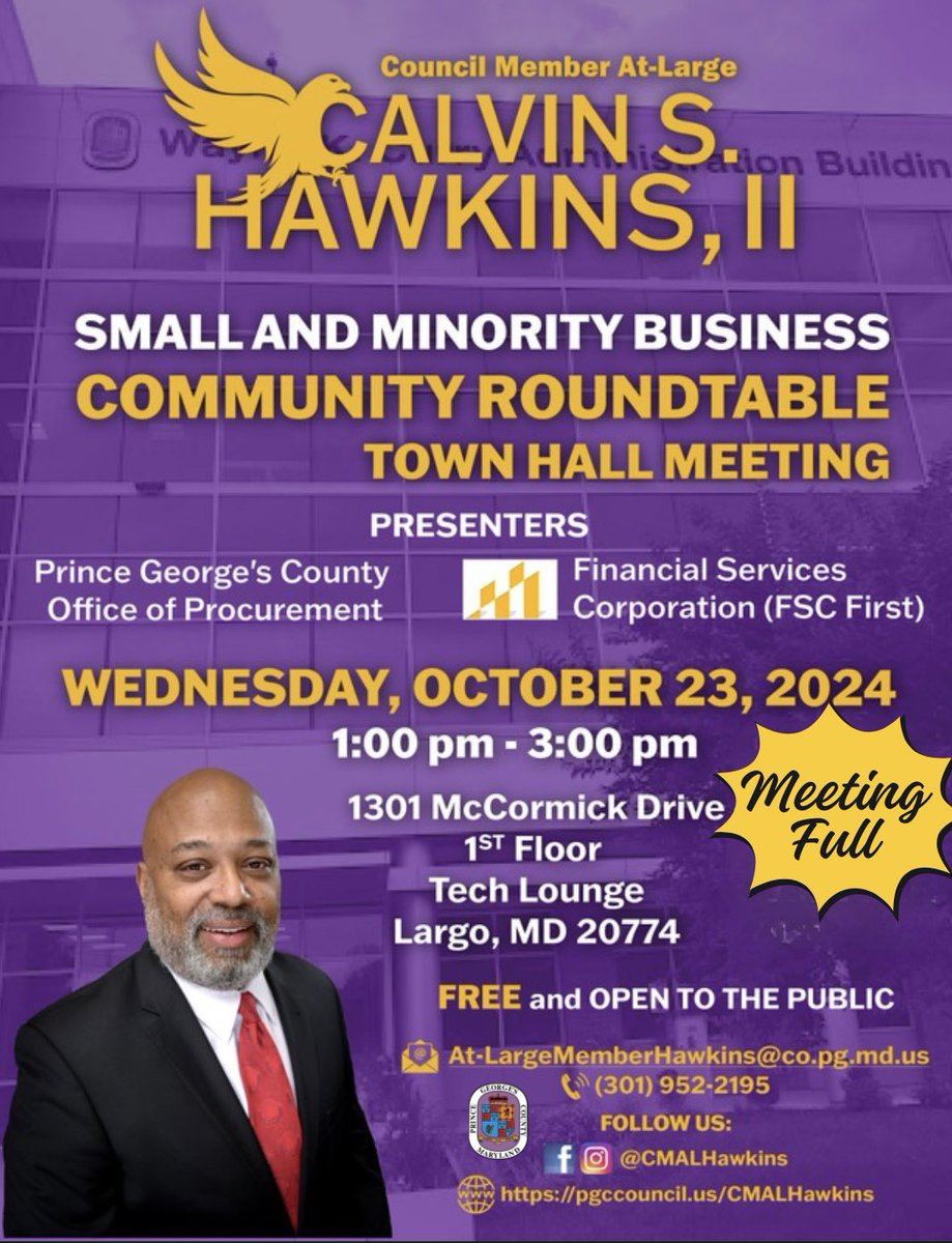 We are full to capacity for tomorrow’s roundtable discussion but if you have any questions or want to get on the waitlist for the next session, please reach out via email. 

#PrinceGeorgesCounty
#PrinceGeorgescountymd
#princegeorgesproud
#hawkinsoutnabout 
#thepeopleschamp