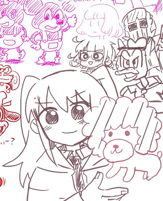 絵チャおつ〜!!1枚目にアフロ犬とネモとドナとジャといざよちゃ、2枚目はもこりーとみかん、3枚目はジョ絵チャになってたから花京院とポルホルボイ、4枚目はリンクといざよちゃ。おつ!!!! 