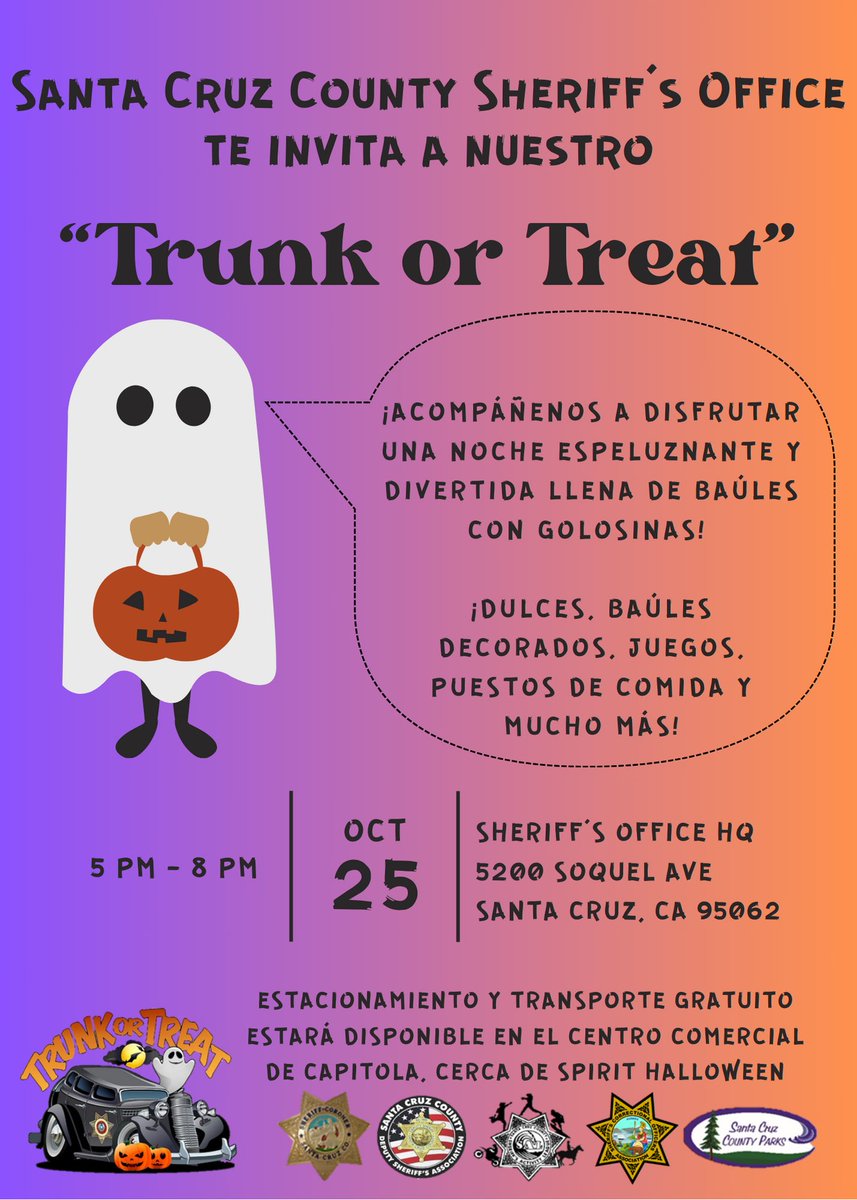 Trunk-or-Treat is less than a week away! Hope to see you there👻🎉🎃

October 25th
5200 Soquel Ave 
5:00pm-8:00pm

Parking at Capitola Mall by Spirit Halloween store with free shuttle service to the event.