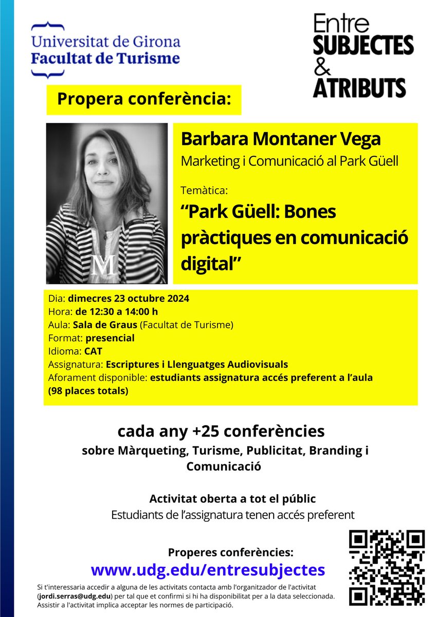 📣Demà dia 23 d’octubre tindrem el plaer d’escoltar a la Barbara Montaner l’encarregada de Màrqueting i Comunicació al Park Güell.
🙌🏼Parlara de bones pràctiques en comunicació digital a l’alumnat d’Escriptures i Llenguatges Audiovisuals!!!
<a href="/montanervega/">Bàrbara Montaner i Vega</a>