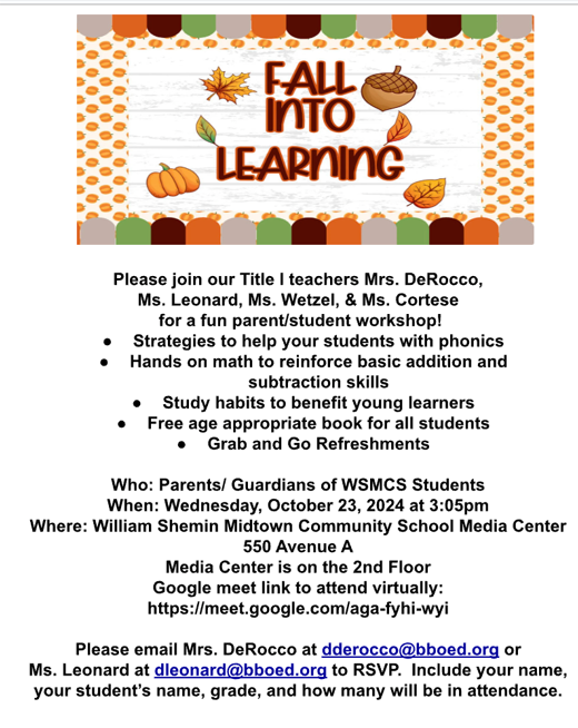 BayonneTitleOne's tweet photo. 🍂 Join us for two amazing parent workshops!
Fall into Math at HEH &amp; Fall into Learning at WSMC — helping parents support their children's academic success. Check out the details in the flyers below! 📚✏️ #ParentEngagement #FamilyLearning @BayonneBOE https://t.co/Uv9DMwXmeU