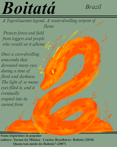 BriefBestiary's tweet photo. A guardian snake ablaze. Merely encountering Boitatá can cause blindness, or even madness. https://t.co/NhRDo4vb7N