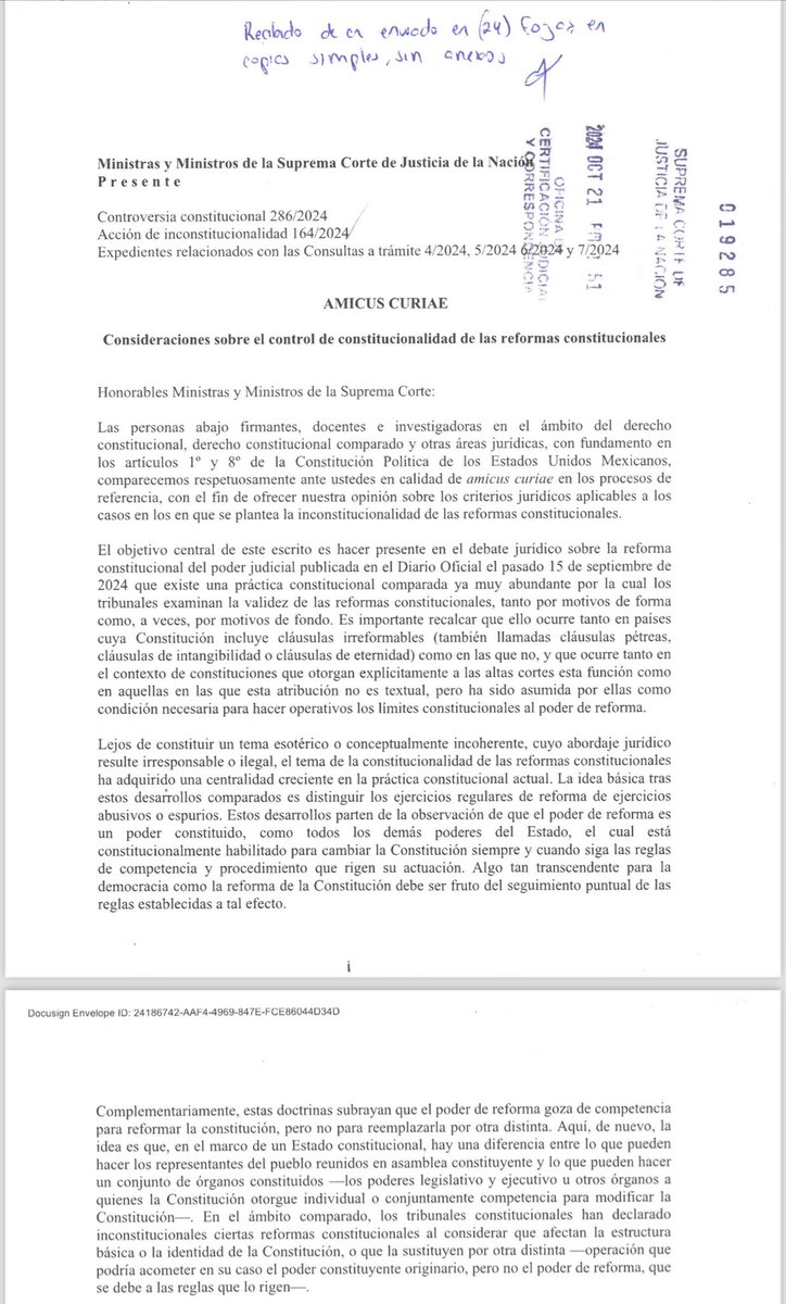 🚨⚠️ EXTRA EXTRA: Se ha presentado escrito de amigos de la Corte con el fin de ofrecer la opinión sobre los criterios jurídicos aplicables a los casos en los en que se plantea la inconstitucionalidad de las reformas constitucionales.

Va post largo🧵. Échenle leída por fa.

El